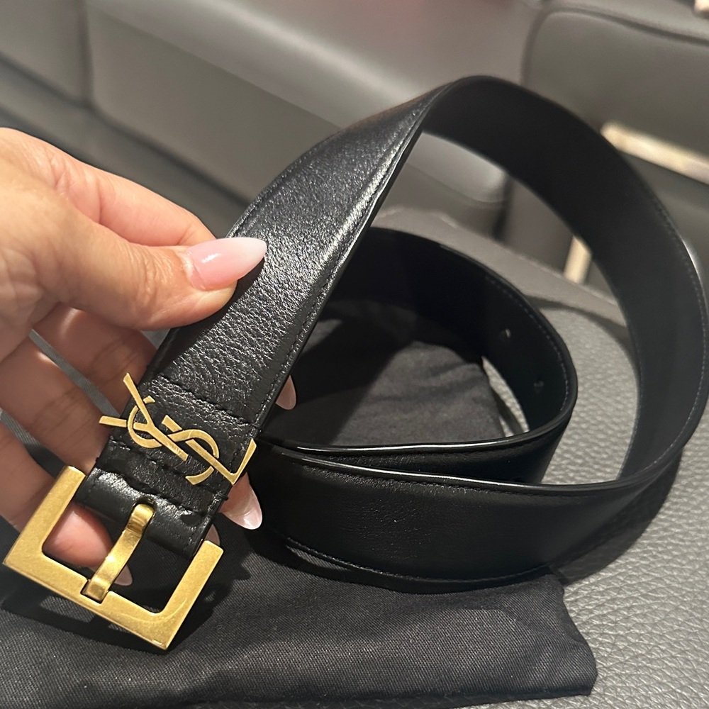 Yves Saint Laurent Black Leather Belt with Gold Buckle